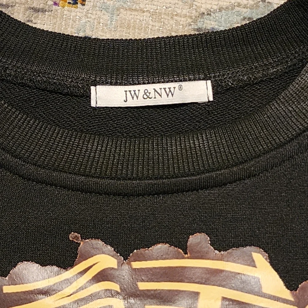 JW&NW Black Graphic Crop Top with Denim Sleeves Upcycle OOAK, Size Large - Picture 3 of 8